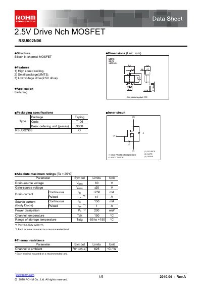 ROHM RSU002N06 N‑channel MOSFET Datasheet - cover page