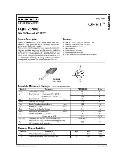 Fairchild FQPF20N06 60V N-Channel MOSFET Datasheet