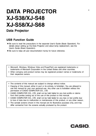 Casio XJ-S38/S48/S58/S68 Data Projector USB Function Guide
