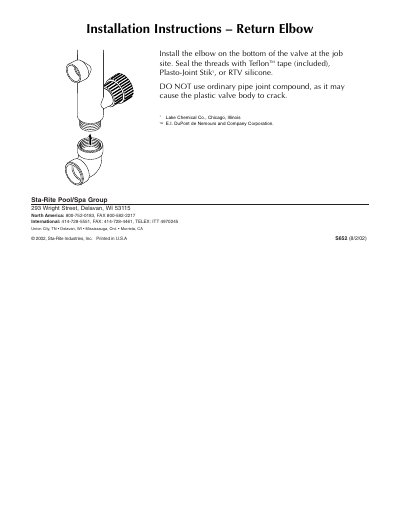 Sta-Rite Return Elbow Installation Instructions - cover page