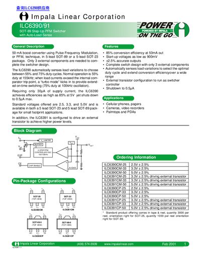 Impaia Linear ILC6390/6391 SOT-89 Step-Up PFM Switcher Datasheet - cover page