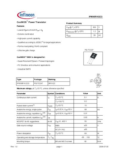 Infineon IPW90R1K2C3 CoolMOS Power Transistor Datasheet - cover page