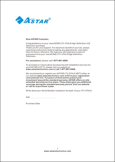 ASTAR LTV-37HLS High Definition LCD Television User Manual - cover page
