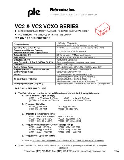 Pletronics VC2 VC3 VCXO Series Datasheet - cover page