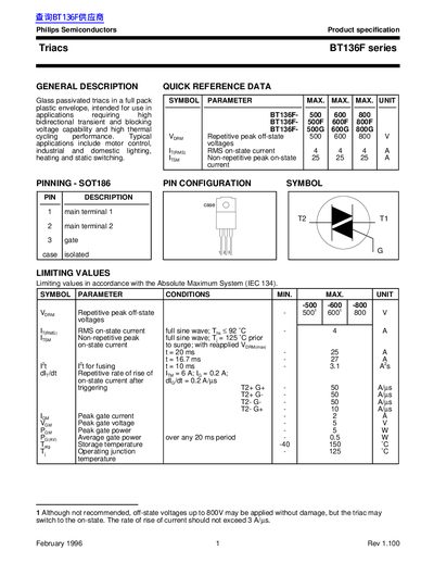Philips Semiconductors BT136F Series Triac Product Specification - cover page