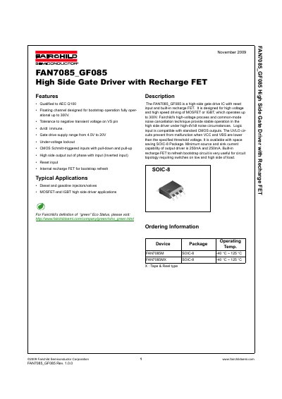 Fairchild Semiconductor FAN7085_GF085 High Side Gate Driver Datasheet - cover page