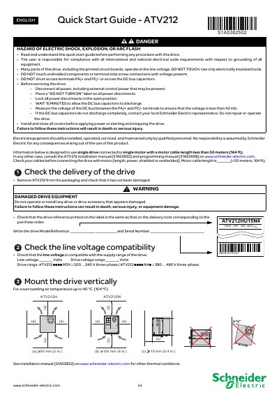 Schneider Electric ATV212 Inverter Quick Start Guide - cover page