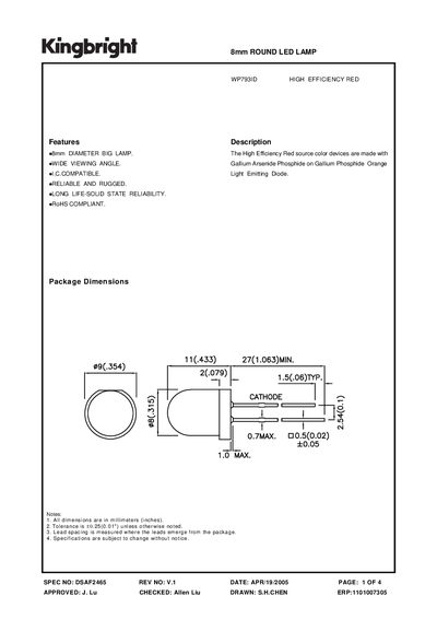 Kingbright WP793ID High Efficiency Red LED Lamp Datasheet - cover page