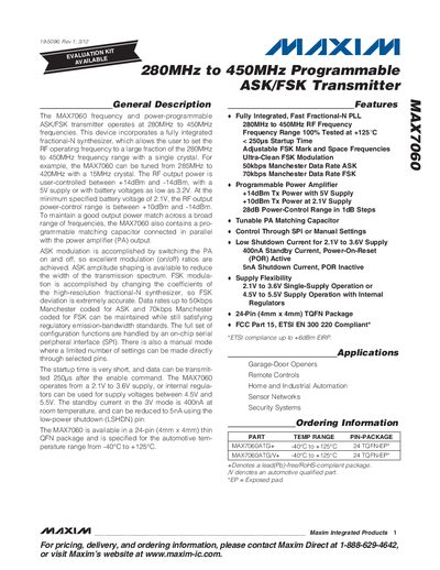 Maxim MAX7060 ASK/FSK Transmitter Datasheet - cover page