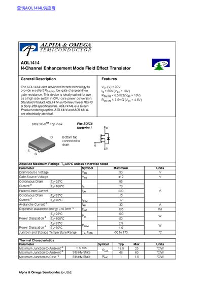 Alpha & Omega AOL1414 N-Channel Enhancement Mode FET Datasheet - cover page