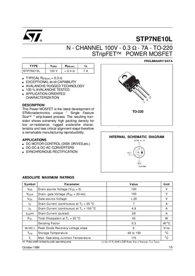 STMicroelectronics STP7NE10L Power MOSFET Datasheet