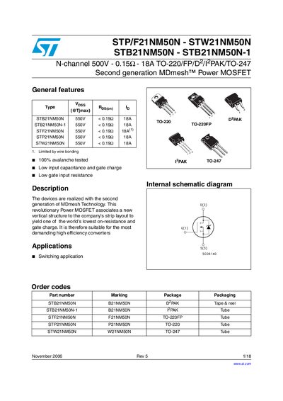 STMicroelectronics STP/F21NM50N, STW21NM50N, STB21NM50N, STB21NM50N-1 Datasheet - cover page