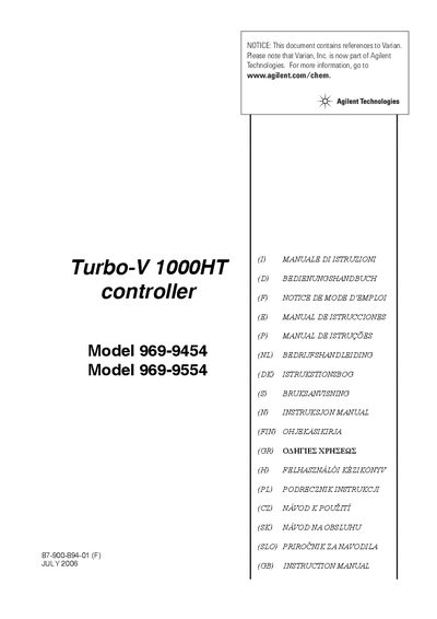 Agilent Turbo-V 1000HT Controller Instruction Manual Model 969-9454/9554