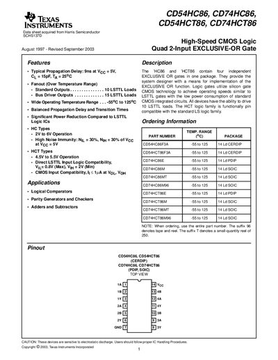 TEXAS INSTRUMENTS CD54HC86 CD74HC86 CD54HCT86 CD74HCT86 High-Speed CMOS Logic Quad 2-Input EXCLUSIVE-OR Gatehandbook - cover page