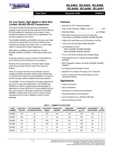 intersil ISL8483 ISL8485 ISL8488 ISL8489 ISL8490 ISL8491 handbook - cover page