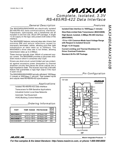 Maxim MAX3480A/MAX3480B RS-485/RS-422 Data Interface Datasheet - cover page