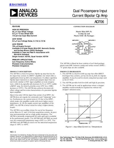 Analog Devices AD706 Dual Picoampere Input Current Bipolar Op Amp Datasheet - cover page