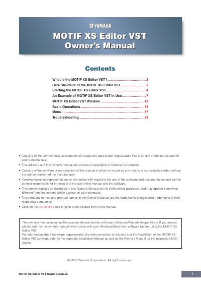 Yamaha MOTIF XS Editor VST Owner's Manual - cover page
