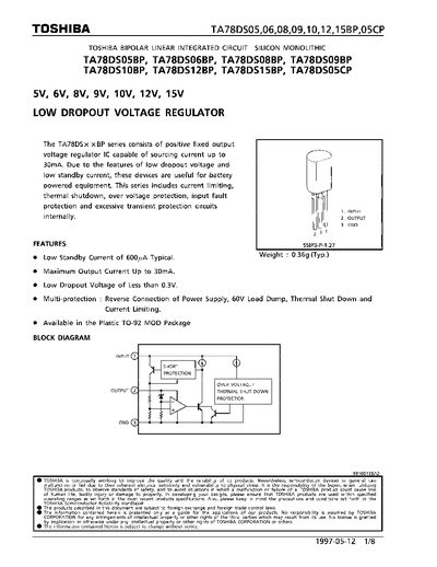 Toshiba TA78DS05/06/08/09/10/12/15BP/05CP Voltage Regulator Datasheet