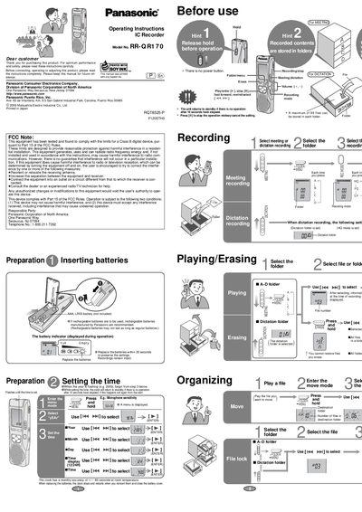 Panasonic RR-QR170 IC Recorder Operating Instructions - cover page