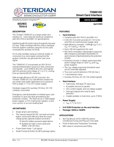 Teridian 73S8010C Smart Card Interface Datasheet - cover page