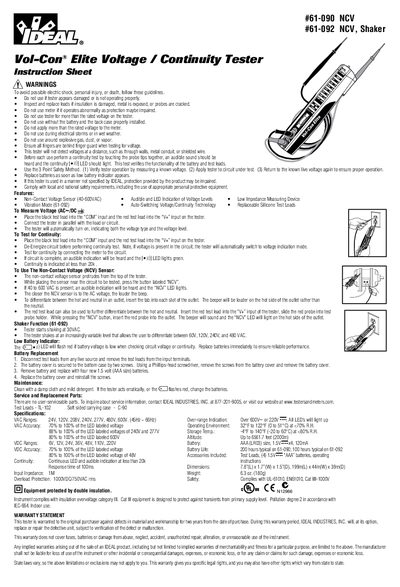 IDEAL Vol-Con Elite Voltage/Continuity Tester Instruction Sheet - cover page