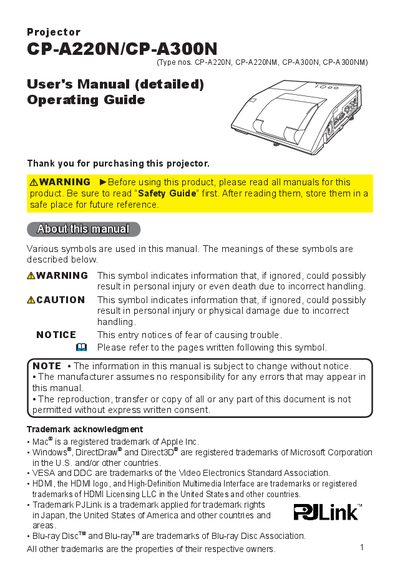 CP-A220N/CP-A300N Projector User Manual - cover page