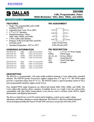 Dallas Semiconductor DS1050 5‑Bit Programmable Pulse‑Width Modulator Datasheet - cover page