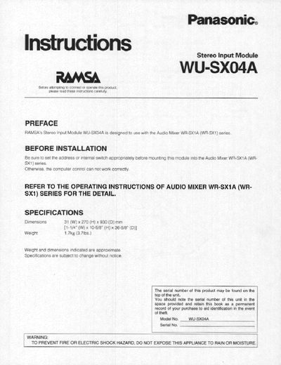 Panasonic WU-SX04A Stereo Input Module Instructions - cover page