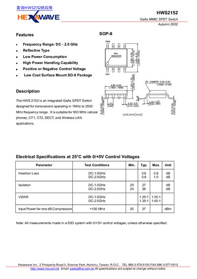 Hexawave HWS2152 GaAs MMIC SPDT Switch Datasheet - cover page