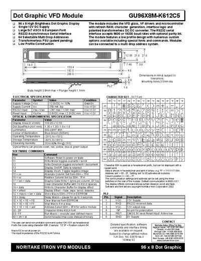 Noritake Itron GU96X8M-K612C5 Dot Graphic VFD Module Manual - cover page