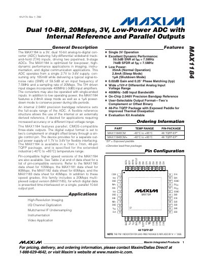 Maxim MAX1184 Dual 10‑Bit 20Msps 3V Low‑Power ADC Datasheet - cover page