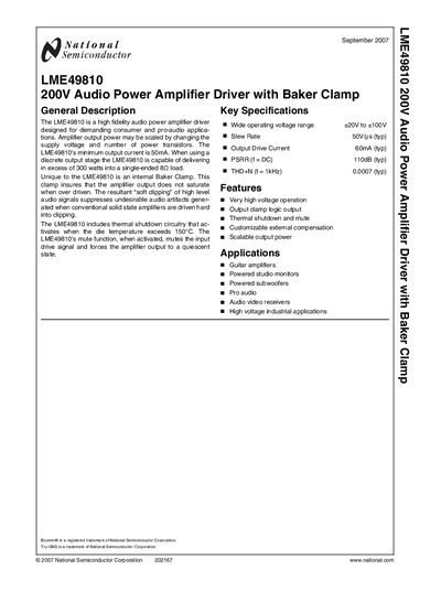 National Semiconductor LME49810 Audio Power Amplifier Driver Datasheet - cover page
