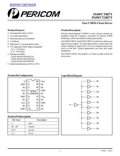 Pericom PI49FCT807T / PI49FCT2807T Fast CMOS Clock Driver Datasheet - cover page
