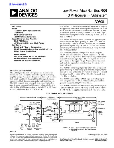 Analog Devices AD608 Low Power Mixer/Limiter/RSSI Datasheet - cover page