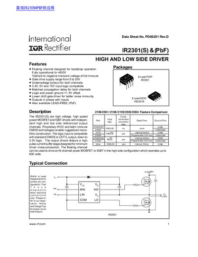 International Rectifier IR2301(S) High and Low Side Driver Data Sheet - cover page