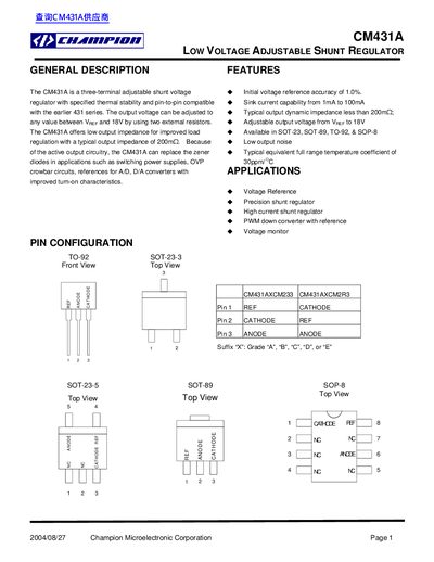 Champion CM431A Low Voltage Adjustable Shunt Regulator Datasheet - cover page
