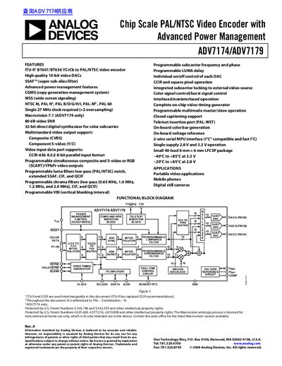 Analog Devices ADV7174/ADV7179 PAL/NTSC Video Encoder Datasheet - cover page