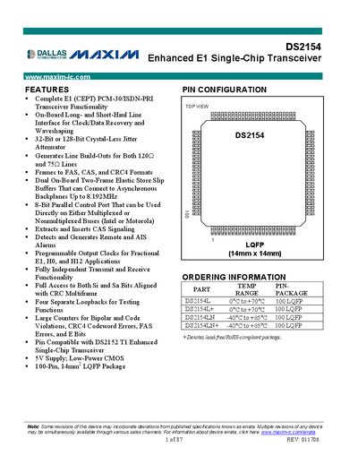 Maxim DS2154 Enhanced E1 Single-Chip Transceiver Datasheet - cover page
