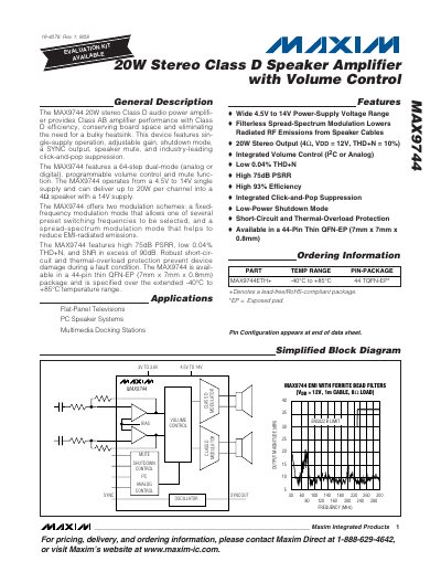 Maxim MAX9744 20W Stereo Class D Speaker Amplifier Datasheet - cover page