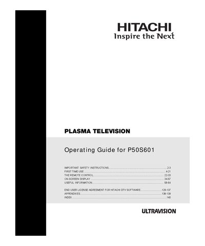 Hitachi P50S601 Plasma Television User Manual - cover page