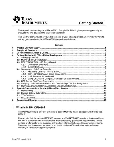 TEXAS INSTRUMENTS Getting Started With the MSP430F663x Sample Kit Manual - cover page