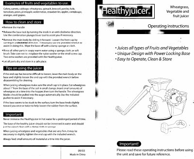 Healthyjuicer Wheatgrass Vegetable Fruit Juicer Operating Instructions - cover page