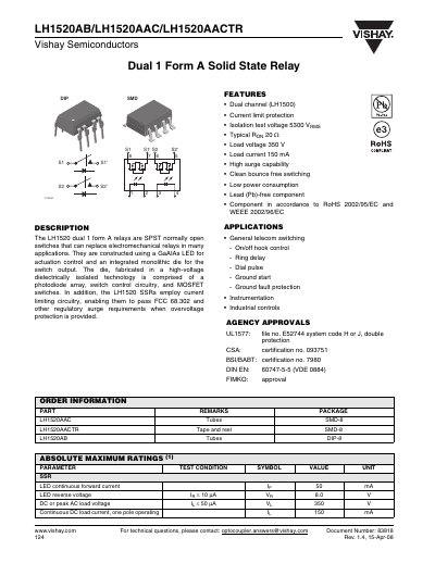 Vishay LH1520AB/LH1520AAC/LH1520AACTR Dual 1 Form A Solid State Relay Datasheet - cover page