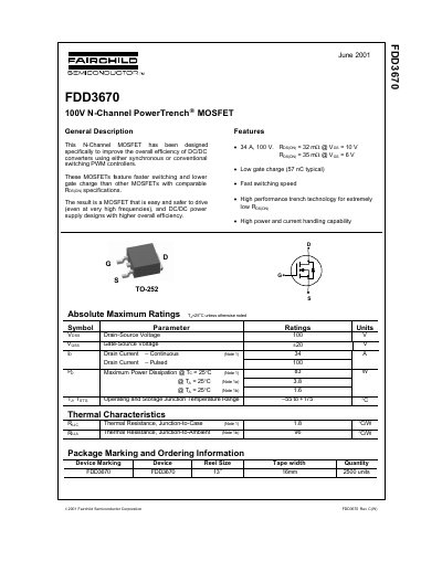 Fairchild FDD3670 N-Channel PowerTrench MOSFET Datasheet - cover page