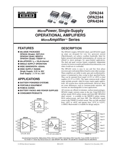 Burr-Brown OPA244/2244/4244 MicroPower Operational Amplifiers Datasheet - cover page
