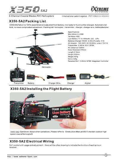 Extreme X350-5A2 5 Channel Coaxial R/C Helicopter Packing List and Parts Manual - cover page