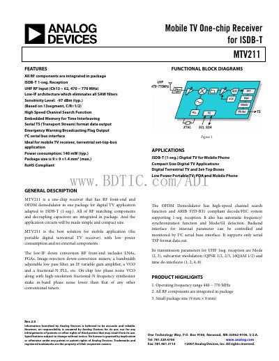 Analog Devices MTV211 Mobile TV One-chip Receiver Datasheet - cover page