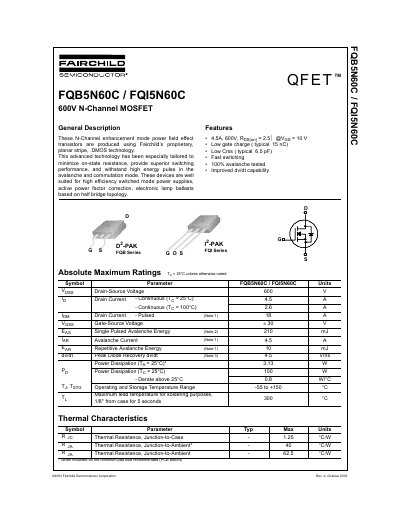 FQB5N60C FQI5N60C 600V N-Channel MOSFET handbook - cover page