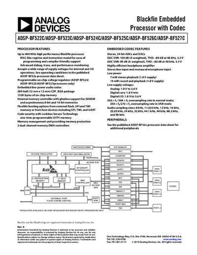Analog Devices ADSP-BF522C/ADSP-BF523C/ADSP-BF524C/ADSP-BF525C/ADSP-BF526C/ADSP-BF527C Product Handbook Rev A - cover page